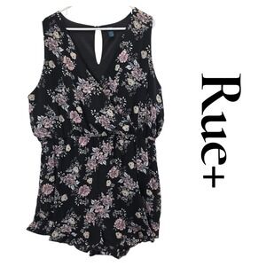 Rue 2x Black Floral Print V Neck Sleeveless Romper Lined Ruffle Hem
